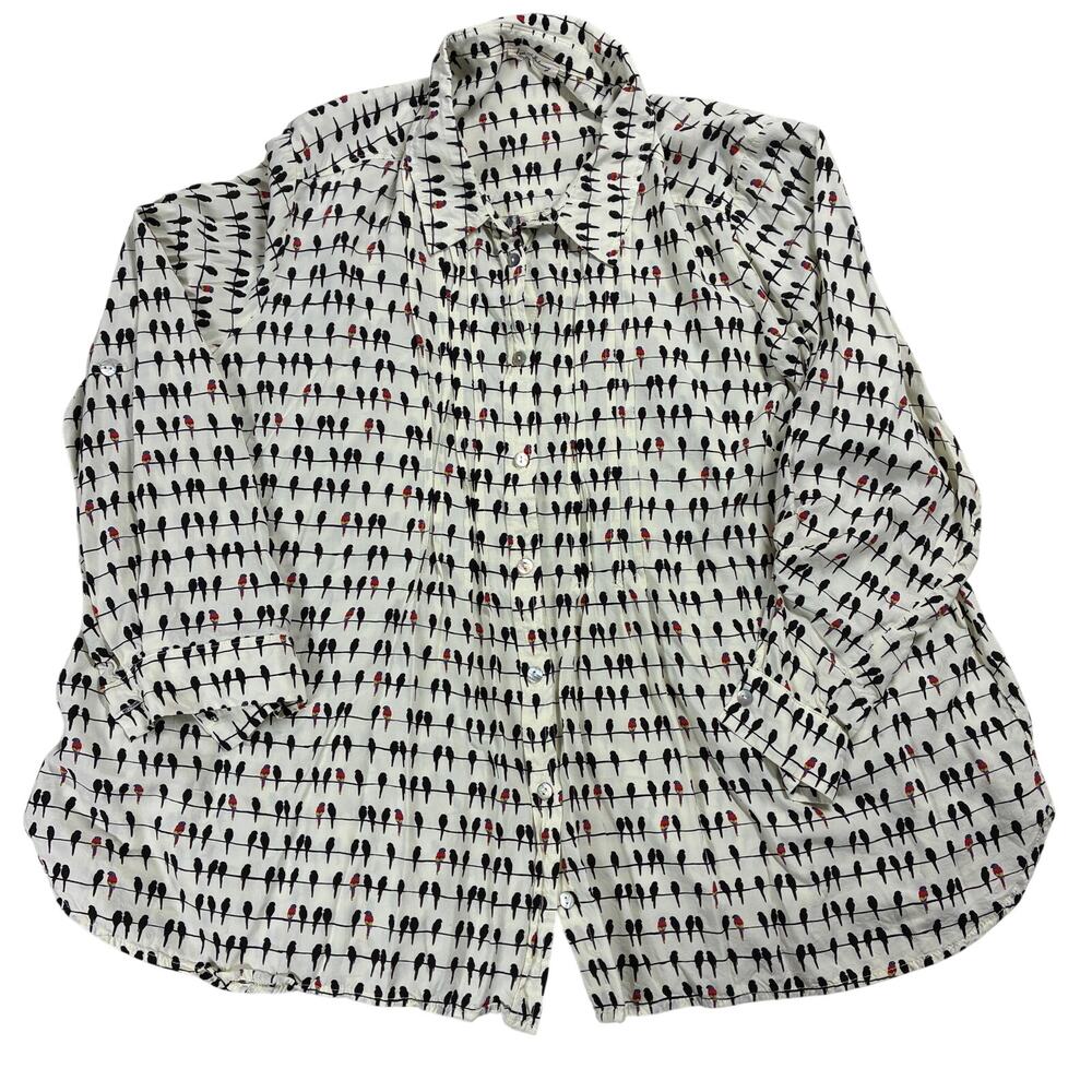 Jane And Delancey Shirt Top Womens 1X Cream Long Sleeve Bird On A Wire Print